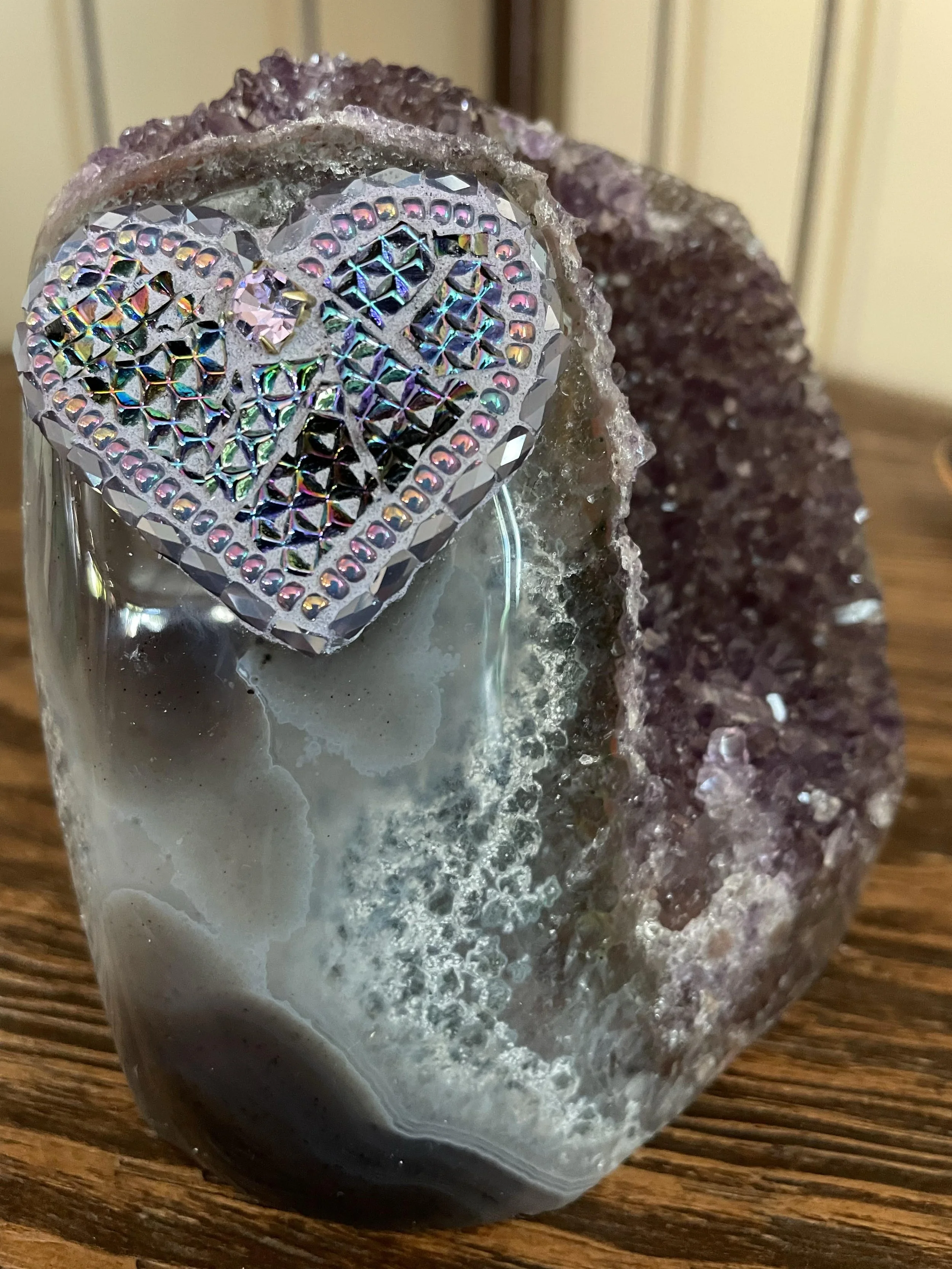 Mosaic Heart on a Pink Amethyst Druzy — Moon Jewel Mosaics